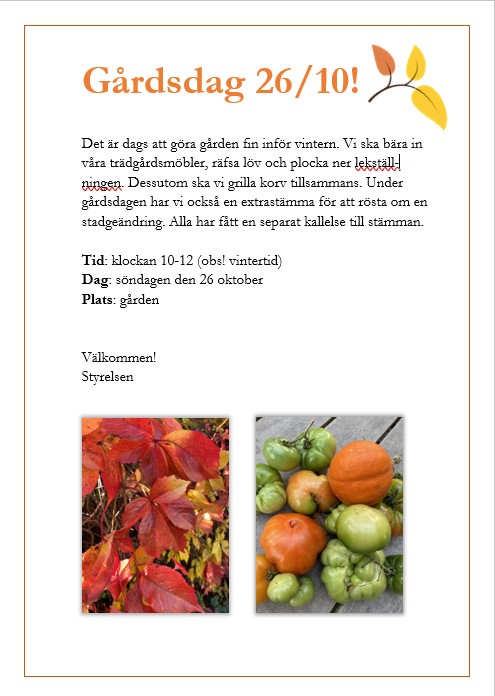 Gårdsdag + extrastämma 26/10
